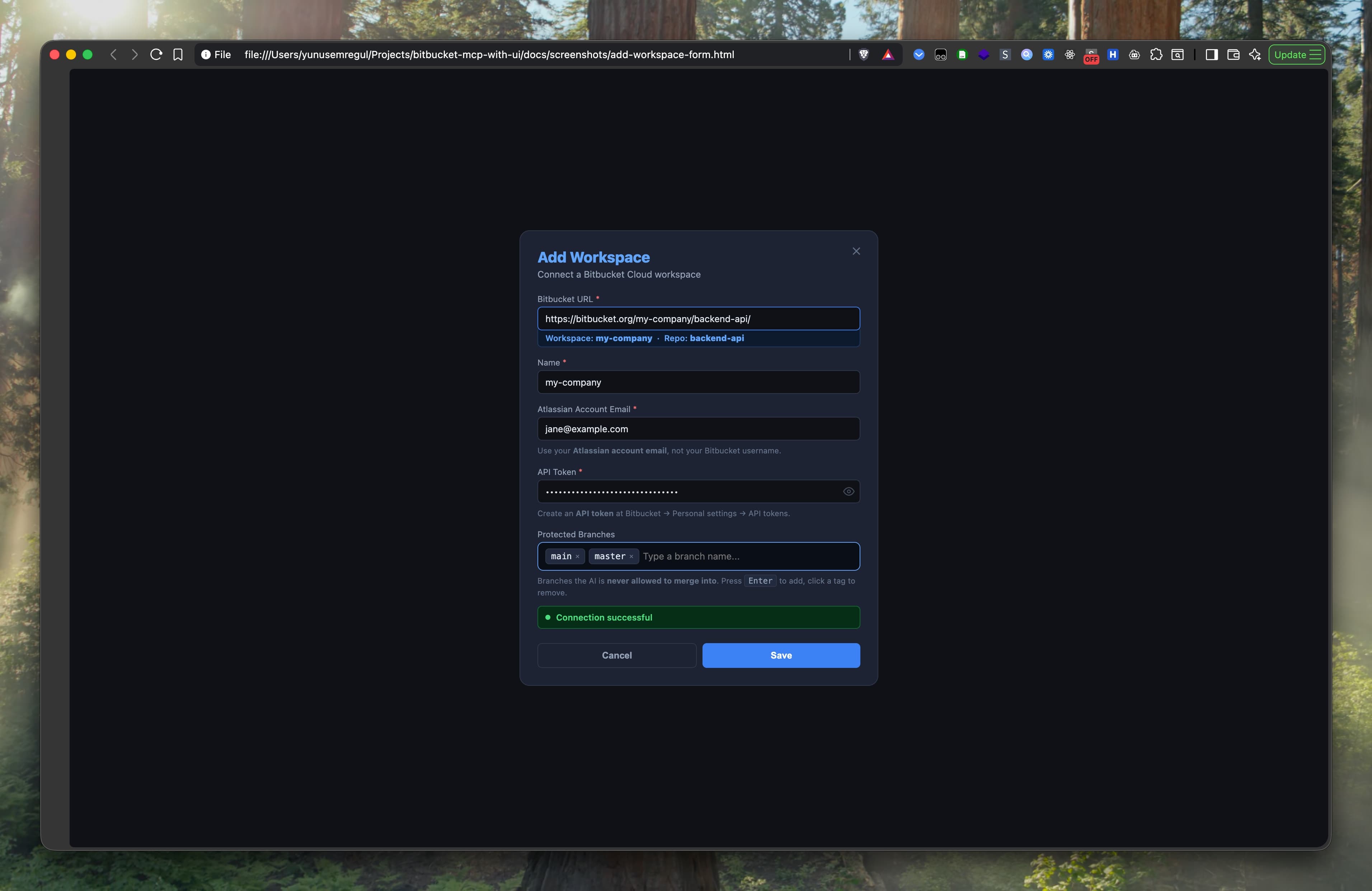 Add Workspace form with live connection test and protected branches