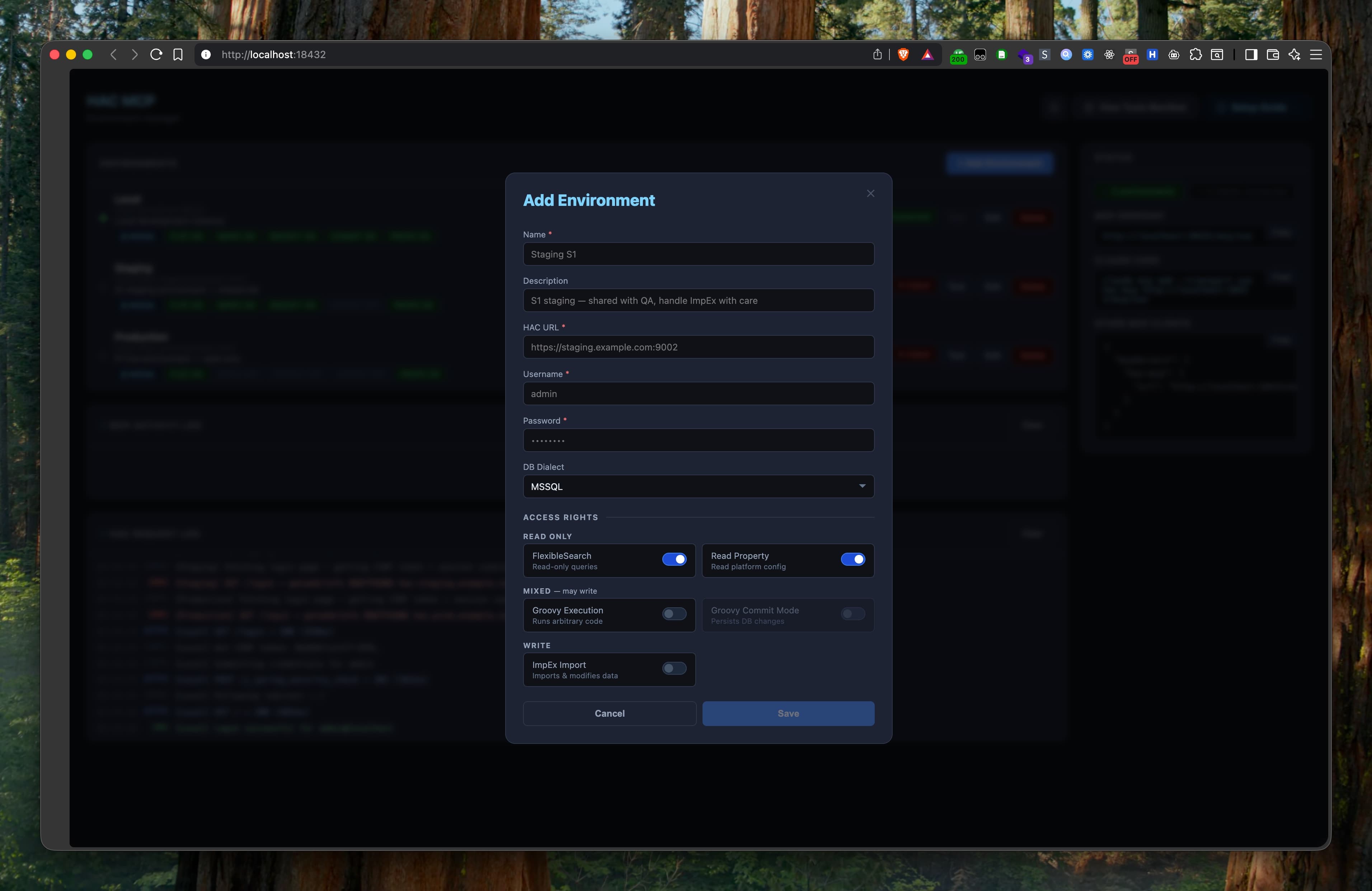 Add Environment form with live connection test and per-environment permission toggles