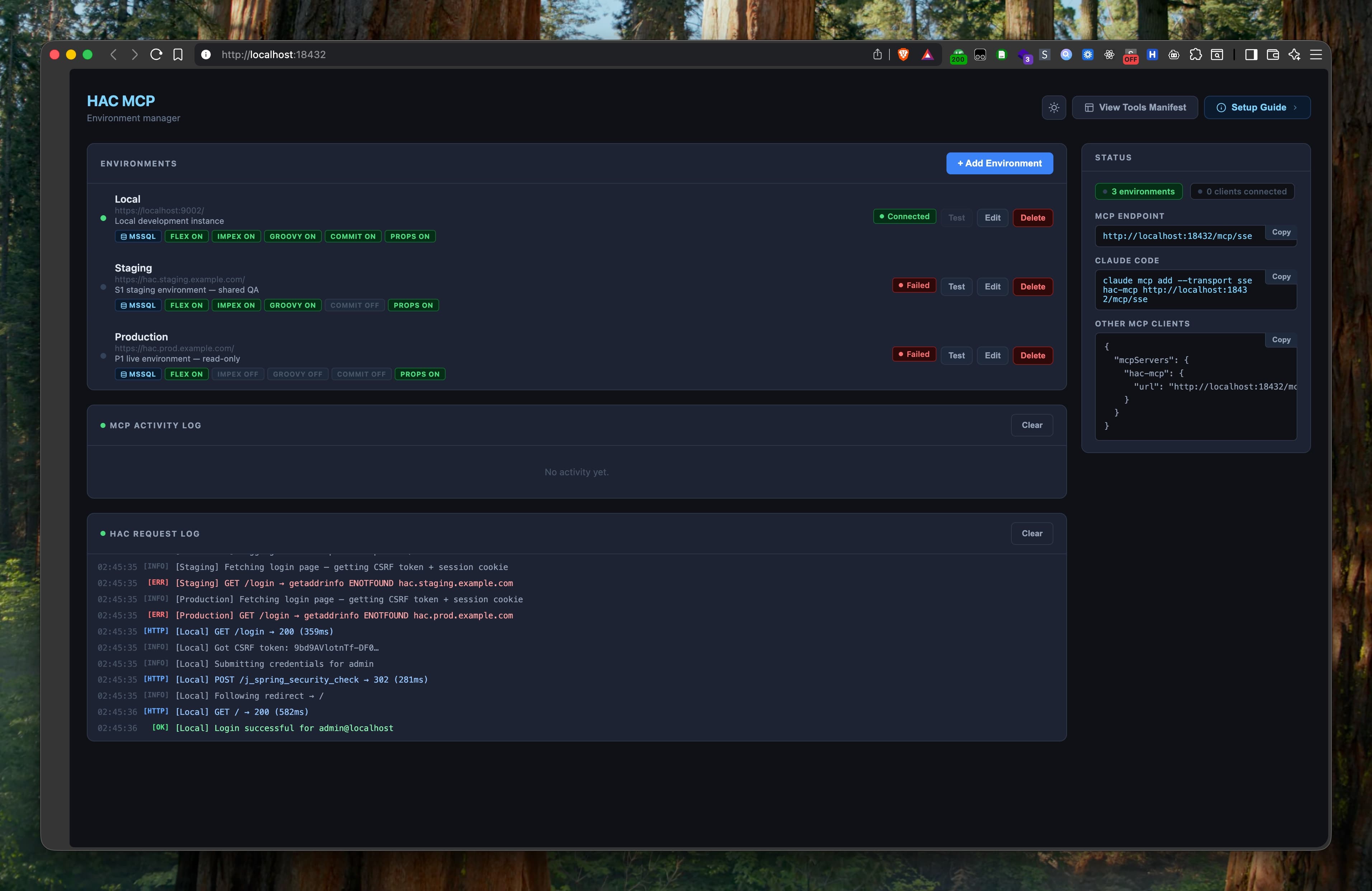 hac-mcp web UI showing environments and live activity log