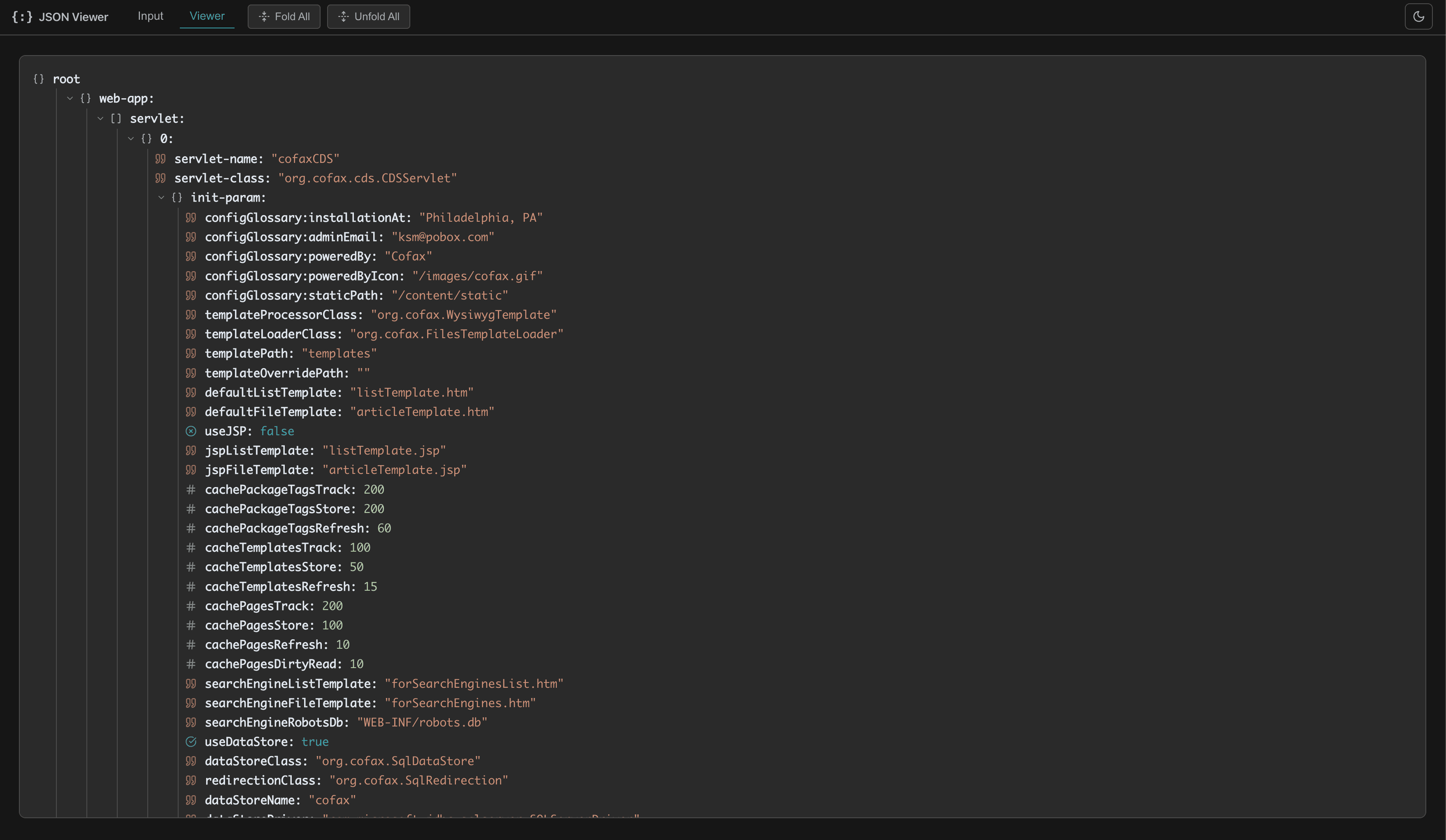 JSON Viewer running in a browser